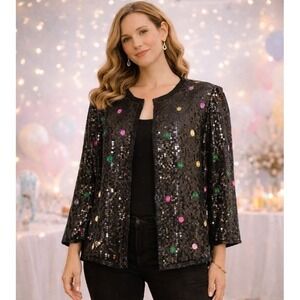 Vintage‎ SCALA Womens Jacket M Black Silk Sequins Dots Embellished Festive Party